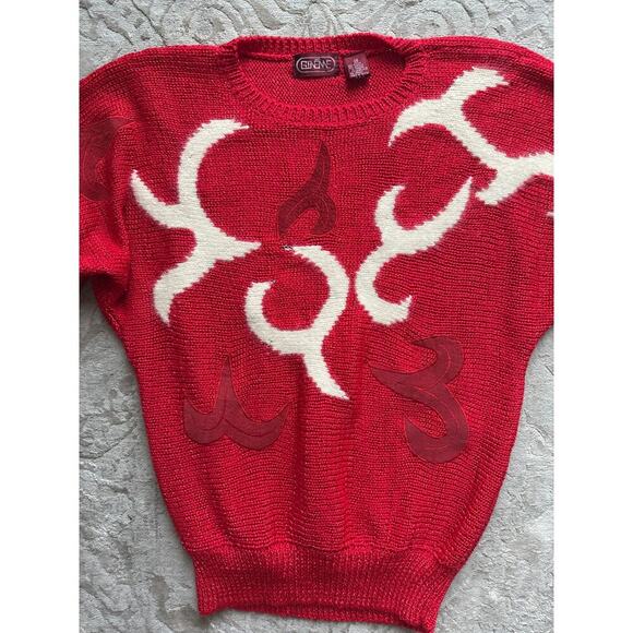Vintage 90s Women Flame Sweater Red White Abstract Knit Pullover Sz S Bold - Picture 2 of 6